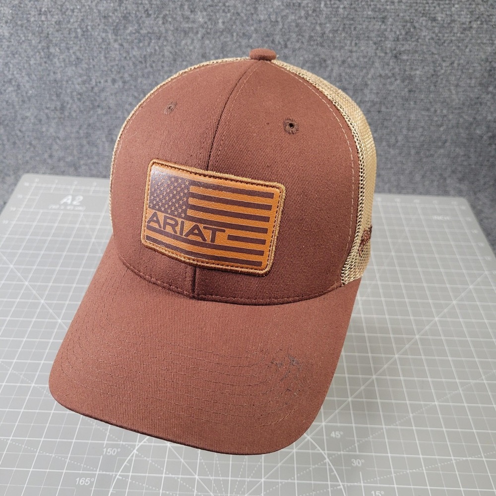 Ariat Hat Cap Snap Back Mens Brown Trucker Mesh USA Flag Patch Western Snapback